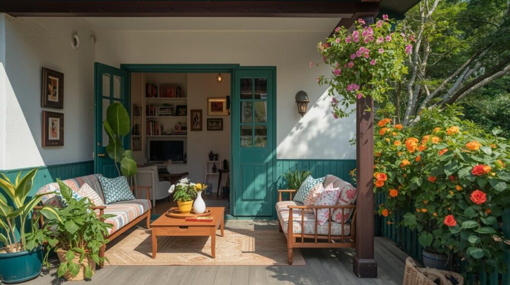casa aconchegante e simples com sala colorida jardim na varanda