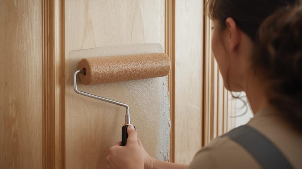 Mulher pintando porta com tinta acetinada