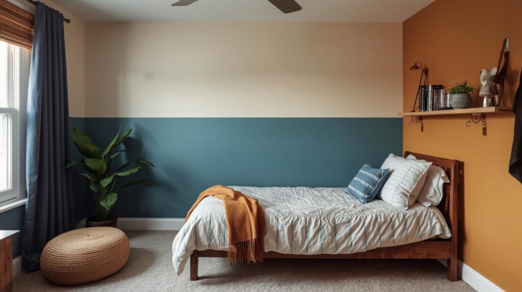 quarto adoloescente confortavel com paredes pintadas da metade para baixo