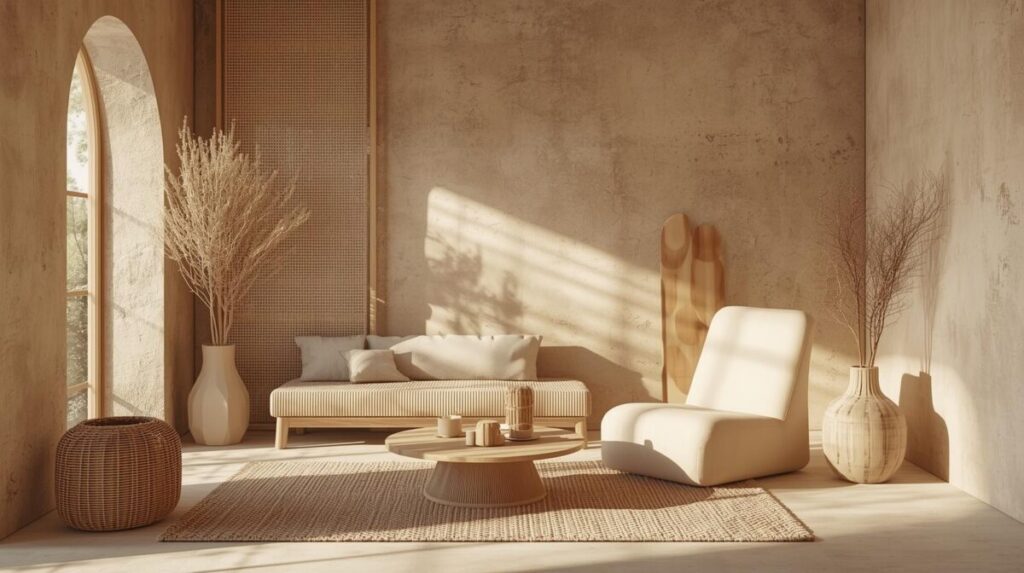 Sala iluminada com futon, madeira clara e tons terrosos em estética quente minimalista.