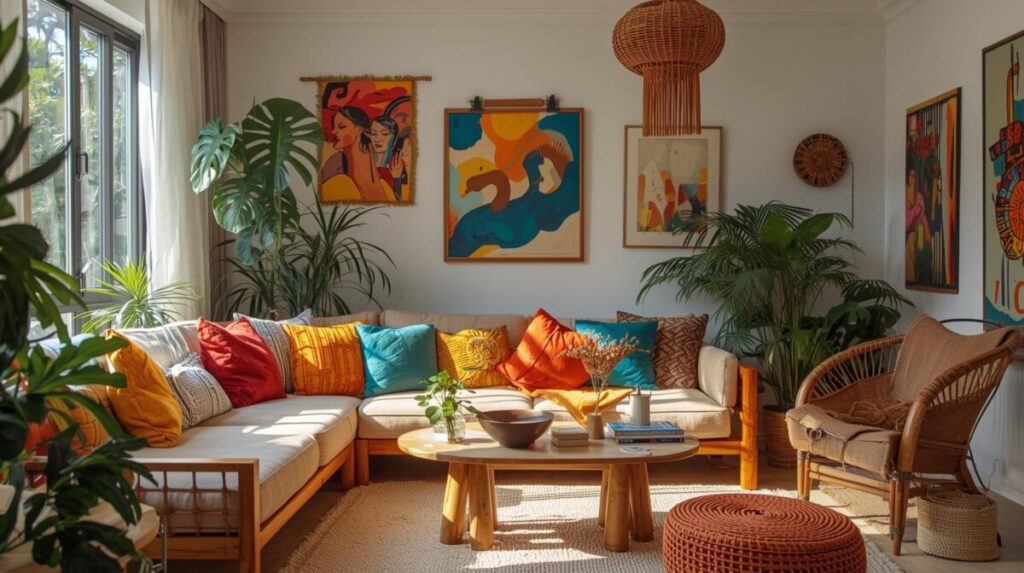 Sala com plantas, móveis de madeira e almofadas coloridas, referência de casa brasileira aconchegante.
