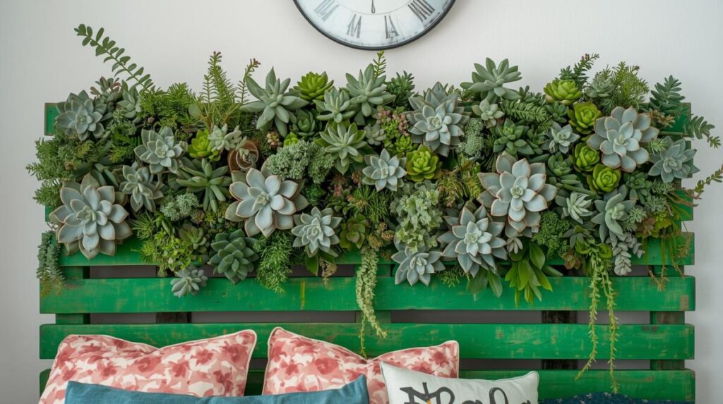 Cabeceira verde na sala: painel de paletes com suculentas.