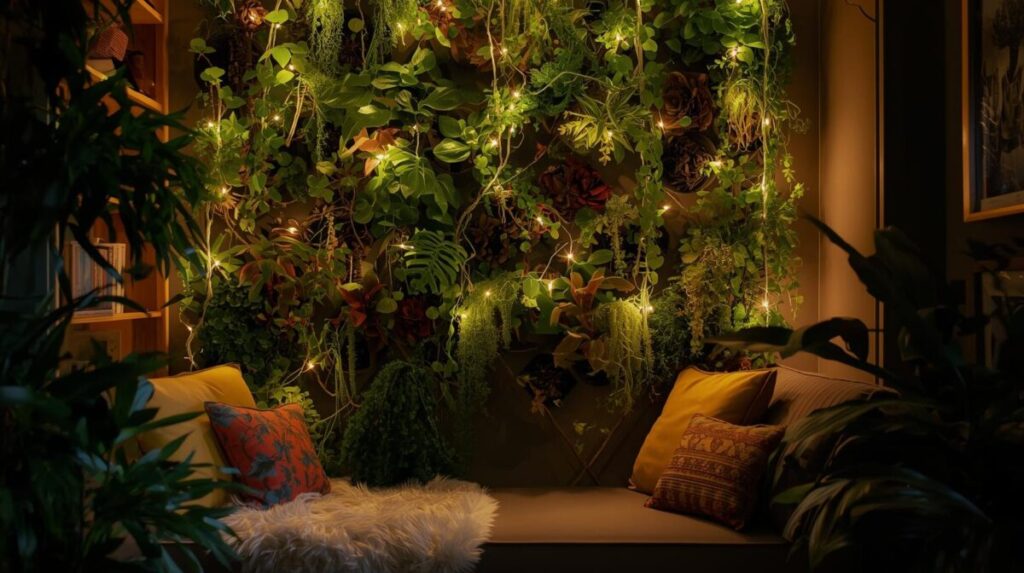 Cantinho de leitura: jardim vertical com luzes de fada.