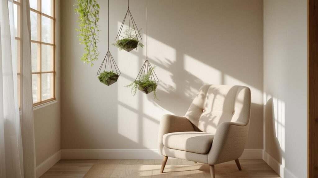 Canto de leitura Japandi com terrários geometricos flutuantes e poltrona hygge