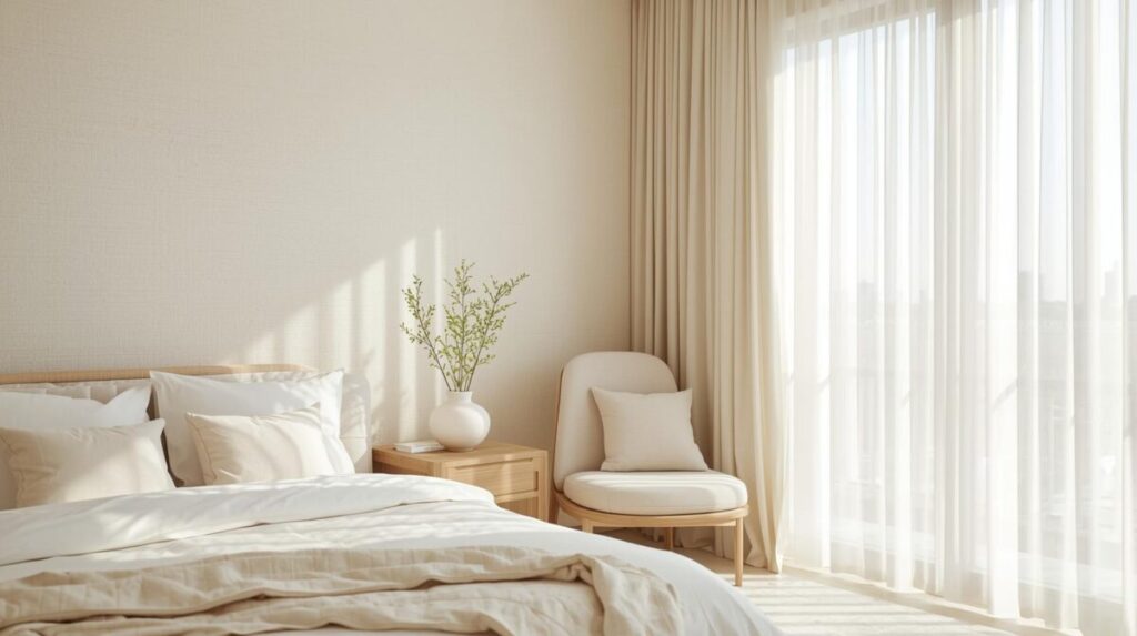 Quarto minimalista com cama clara, madeira leve e poucos objetos, inspirado em interiores coreanos com neutros quentes