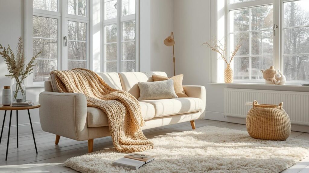 Sala escandinava clara com sofá bege, manta, tapete felpudo e luz natural, ilustrando decoração nórdica aconchegante.​