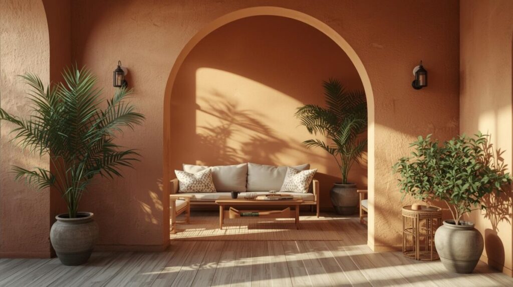 Sala com parede terracota, arco e móveis de madeira, inspirada na decoração italiana com tons terrosos e textura.