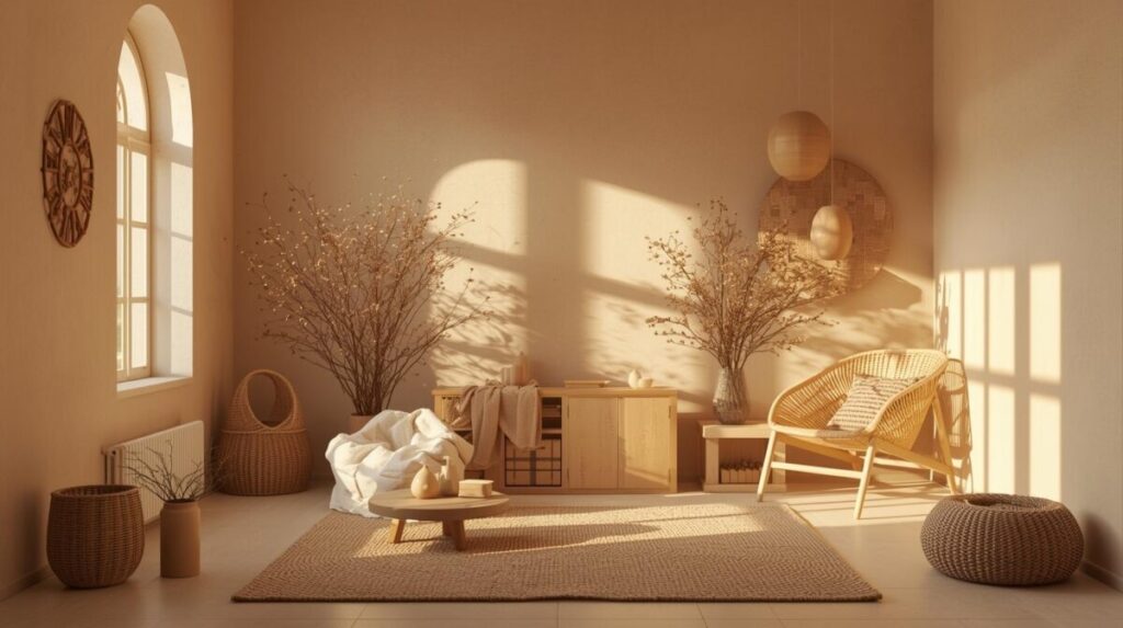 Sala minimalista com madeira clara, luz suave e decoração em estética quente.