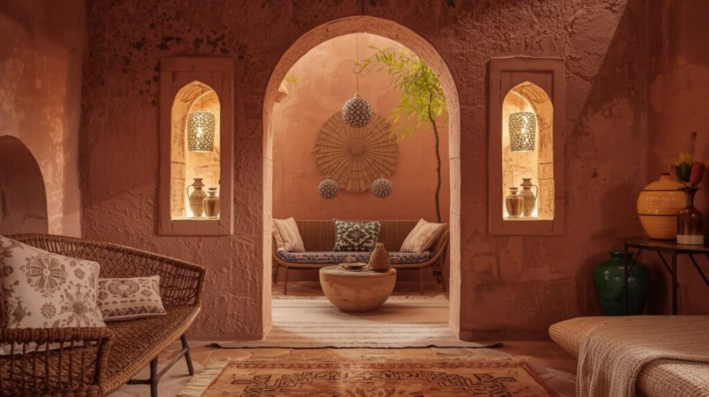 Ambiente com arco e parede terracota, nichos decorados e tapete neutro, inspirado na decoração marroquina contemporânea.