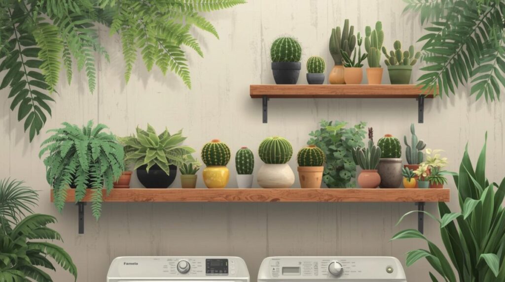 Parede da área de serviço: samambaias e cactos em prateleiras.