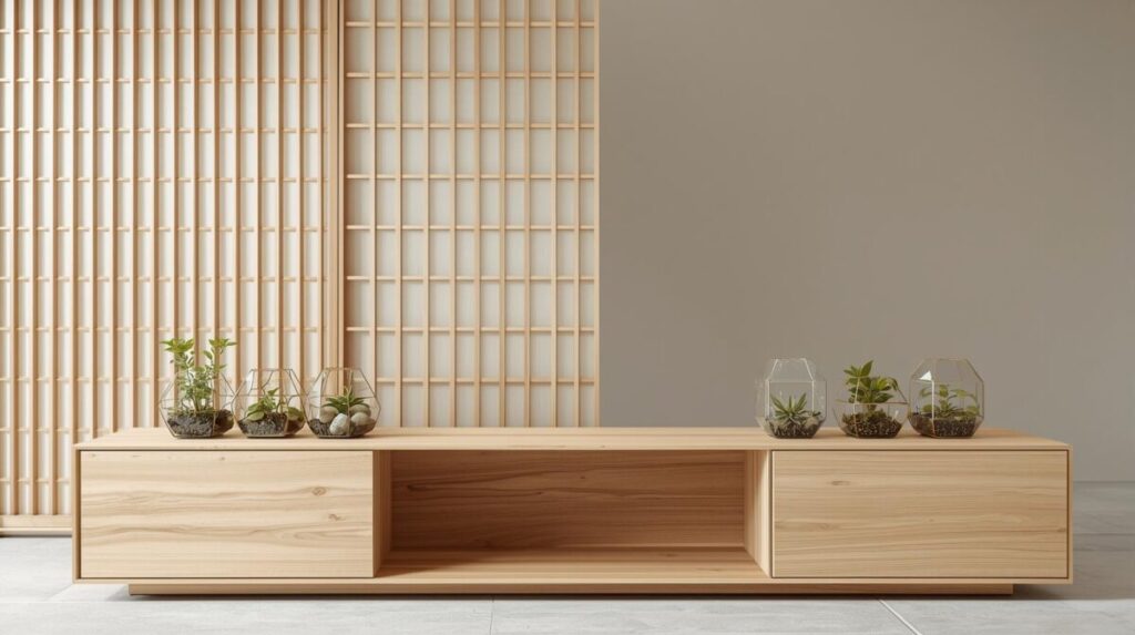 Rack de TV Japandi com terrários geometricos enfileirados e painel shoji madeira clara