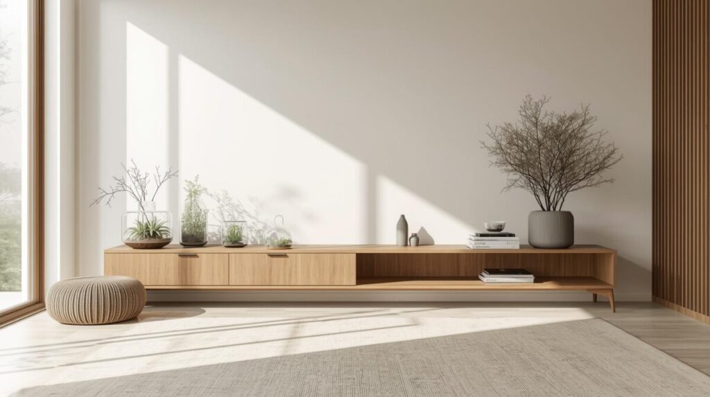 Sala Japandi minimalista com rack freijó e terrários lineares wabi-sabi