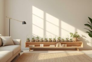 Sala Japandi minimalista terrários modernos enfileirados