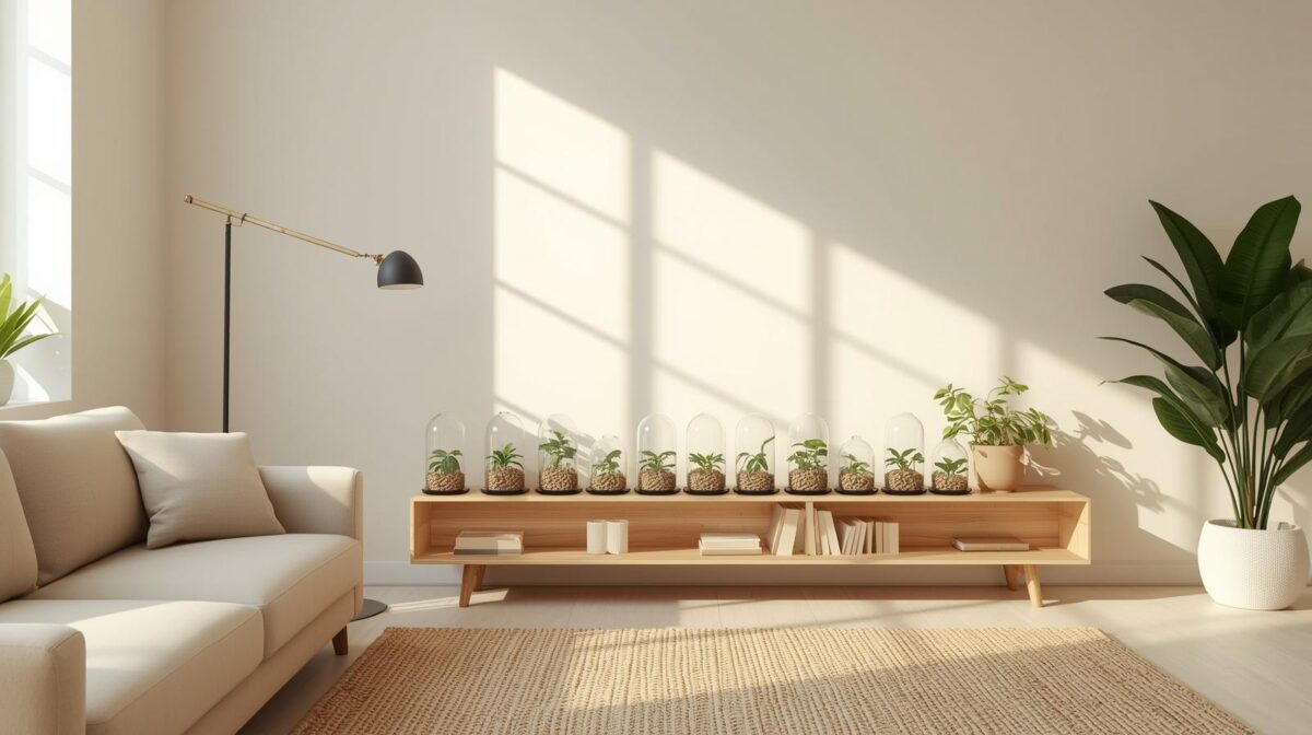 Sala Japandi minimalista terrários modernos enfileirados