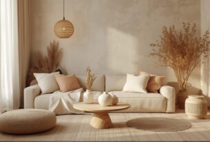 Sala aconchegante com tons terrosos e neutros quentes