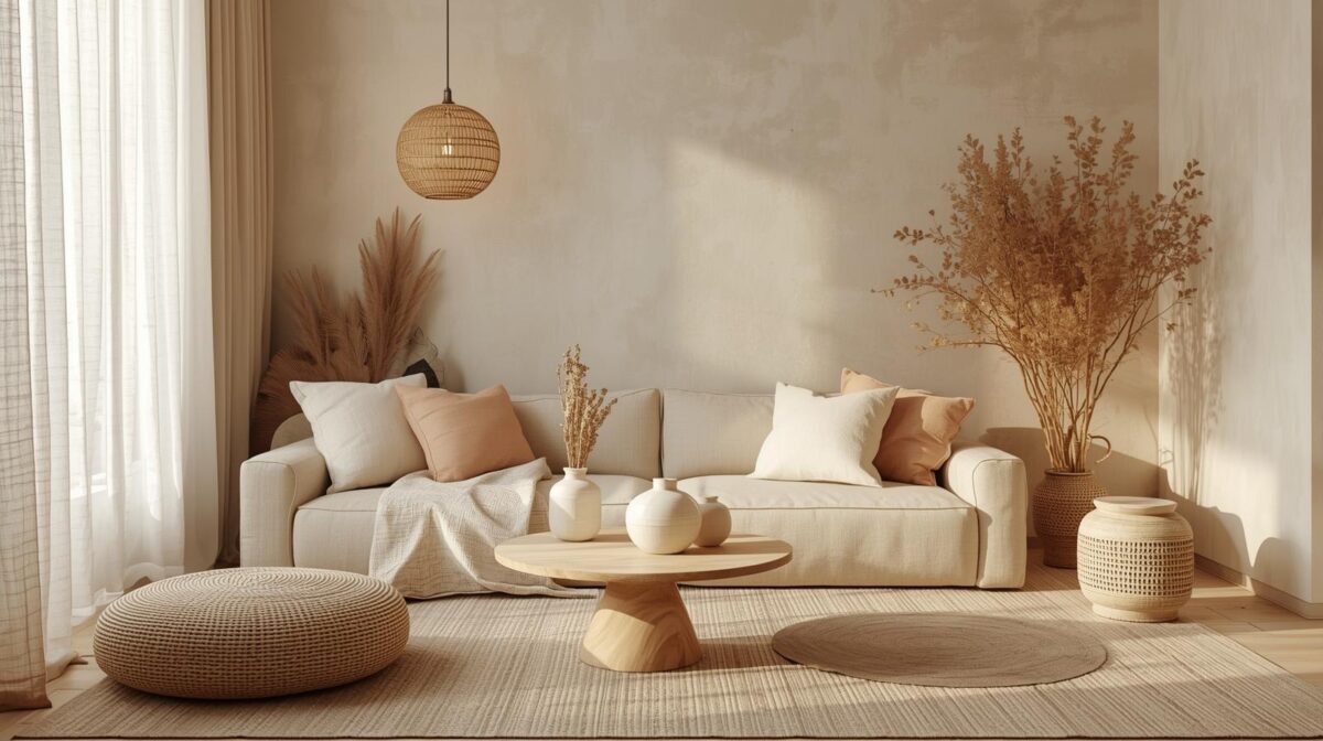 Sala aconchegante com tons terrosos e neutros quentes