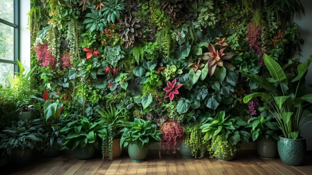 Sala colorida: jardim vertical com plantas de diversas folhas.