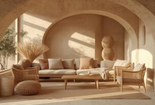 Sala em estética quente com arco, luz natural e decoração em tons terrosos.