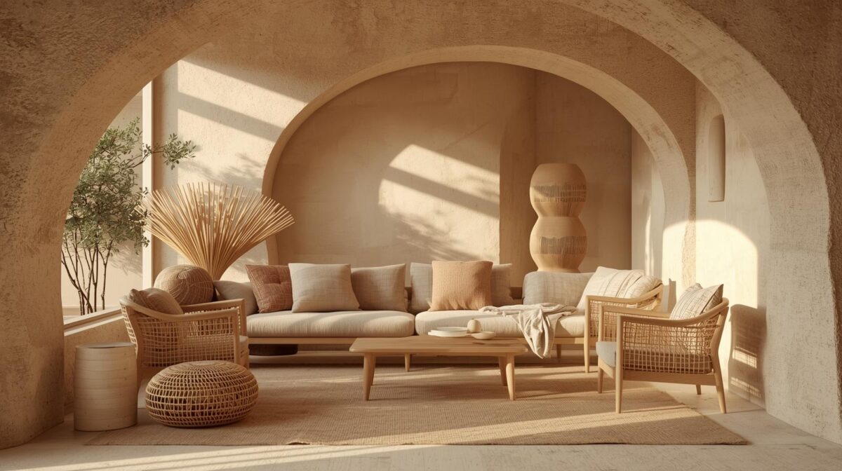 Sala em estética quente com arco, luz natural e decoração em tons terrosos.