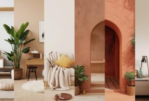 Sala aconchegante com arco terracota, sofá claro, tapete neutro e plantas, ilustrando tendências globais de decoração com tons terrosos e neutros quentes.