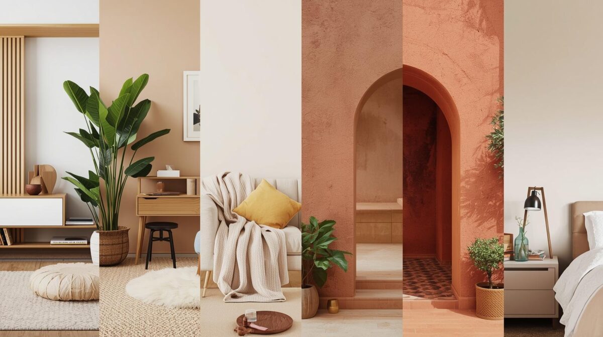 Sala aconchegante com arco terracota, sofá claro, tapete neutro e plantas, ilustrando tendências globais de decoração com tons terrosos e neutros quentes.