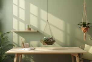 Terrário geométrico de vidro com suculentas echeveria sobre escrivaninha home office minimalista. Prateleira acima com lithops vertical e ventilação natural pelas janelas. Design biofílico maximalista verde-musgo para foco e bem-estar no trabalho remoto.