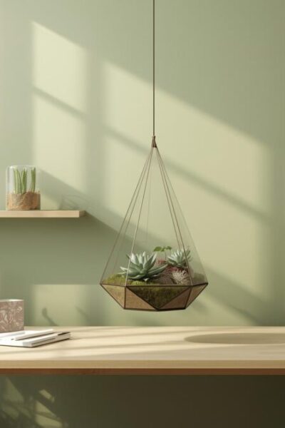 Terrário geométrico de vidro com suculentas echeveria sobre escrivaninha home office minimalista. Prateleira acima com lithops vertical e ventilação natural pelas janelas. Design biofílico maximalista verde-musgo para foco e bem-estar no trabalho remoto.