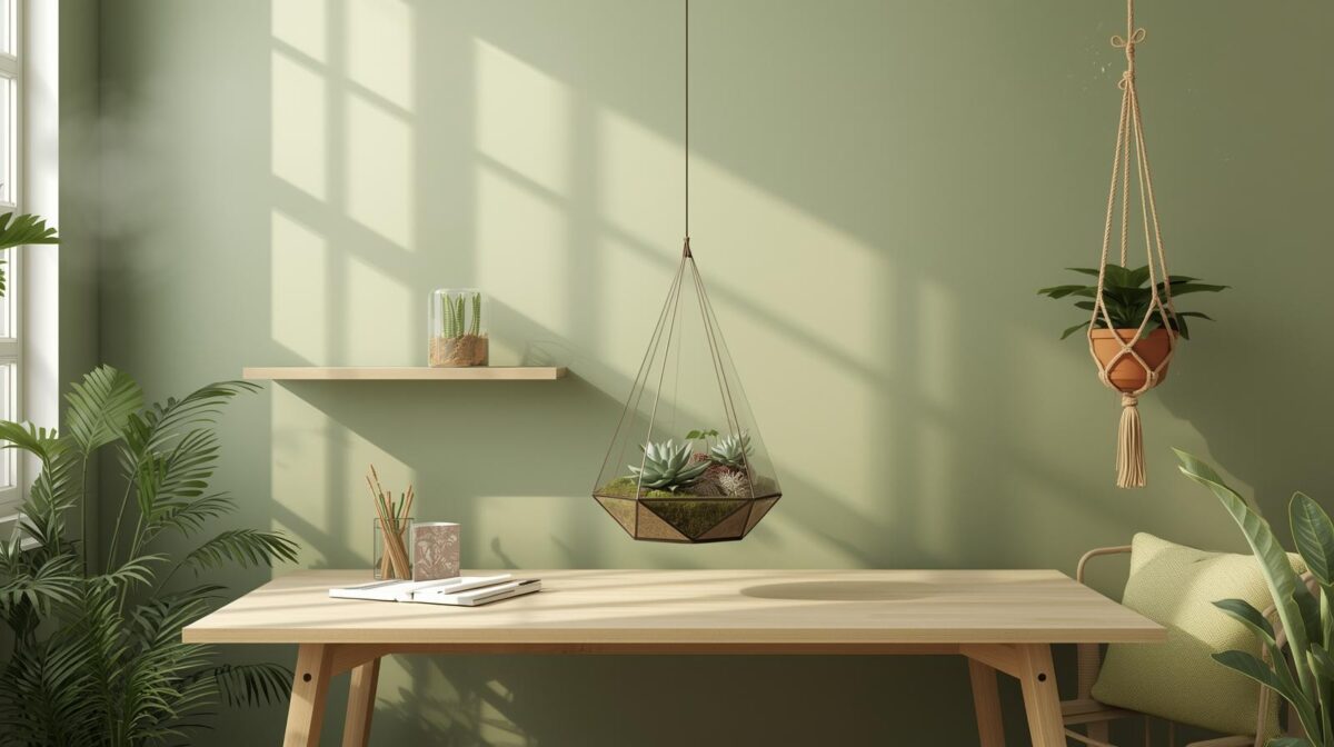 Terrário geométrico de vidro com suculentas echeveria sobre escrivaninha home office minimalista. Prateleira acima com lithops vertical e ventilação natural pelas janelas. Design biofílico maximalista verde-musgo para foco e bem-estar no trabalho remoto.