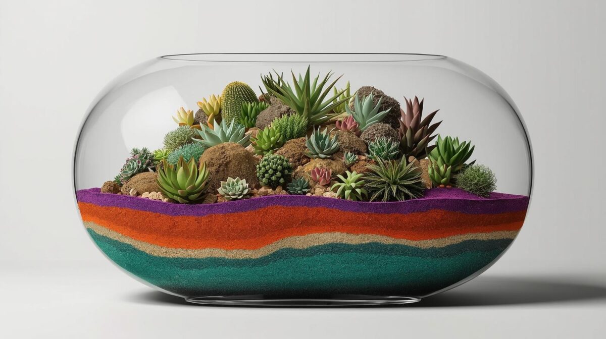 Terrário maximalista colorido com mini plantas e camadas de areia