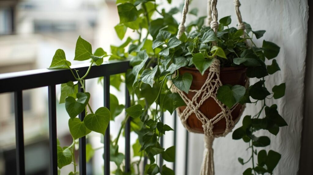 Varanda boho: heras pendentes em suporte de macramê.