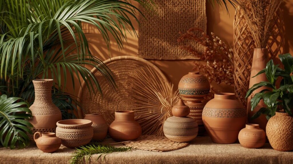 Objetos de artesanato baiano feitos de cerâmica e fibras naturais em ambiente de decoração moderna.