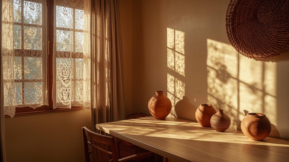 Sala tropical decorada com tapete de sisal, madeira clara e ventilação natural — exemplo de estética quente brasileira.