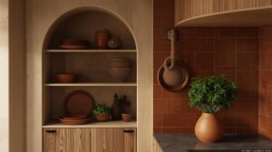 Cozinha compacta Pelourinho nichos freijó cerâmica barro queimado estética quente BA