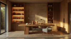 Home office com esculturas de barro do Vale do Jequitinhonha