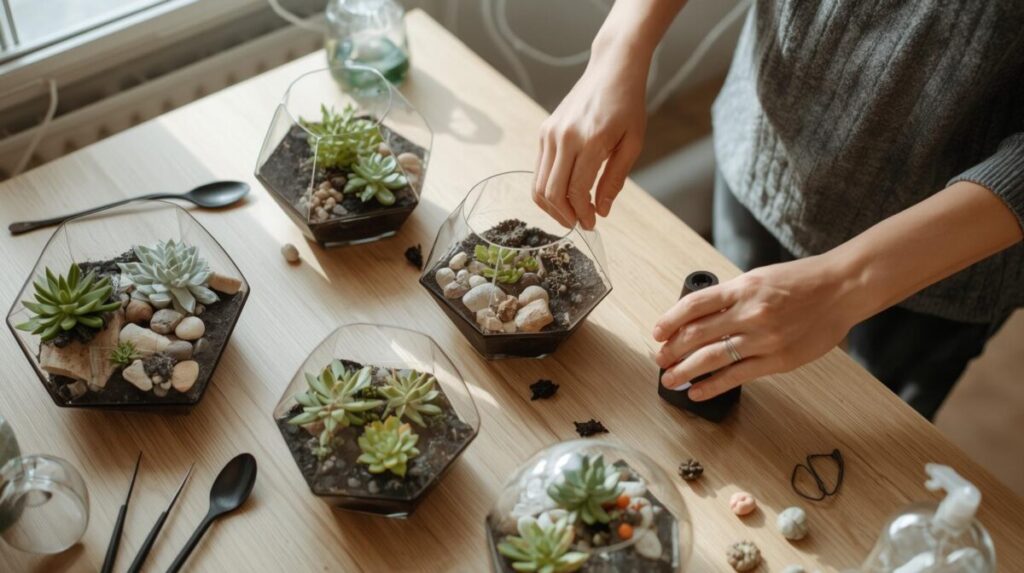 Mãos montando terrário moderno em vidro sobre mesa de madeira, com camadas de pedras, carvão, substrato e pequenas plantas como fittonia e suculentas em ambiente de sala clara.