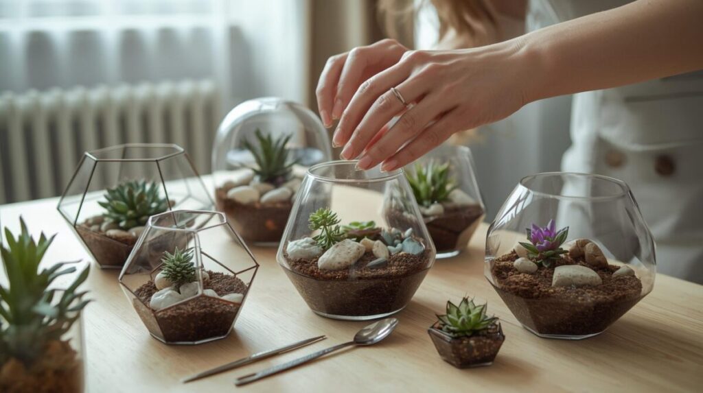 mãos montando terrários modernos varios tamanhos e formas