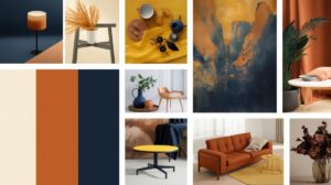 moodboard azul profundo 1B365D com terracota e amarelo em sala maximalista
