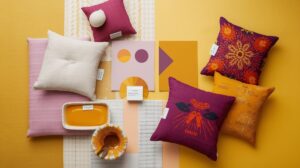 moodboard amarelo mostarda DAA520 com roxo e laranja em almofadas e murais