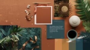 moodboard terracota E2725B com combinação de azul e verde em sala maximalista