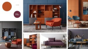 moodboard laranja queimado CC5500 com azul e roxo em móveis modulares