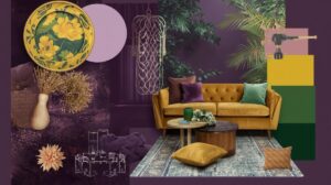 moodboard roxo berinjela 4B2E5A com amarelo e verde em estofados, objetos, tapetes, almofadas e flores