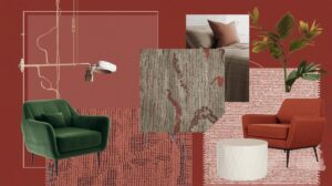 moodboard vermelho cereja 9C2D38 com verde e terracota em poltronas e tapetes