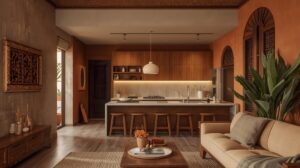 Sala integrada Pelourinho Salvador rack cumaru freijó cerâmica Jequitinhonha estética quente