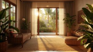 Sala tropical com tapete de sisal na decoração baiana