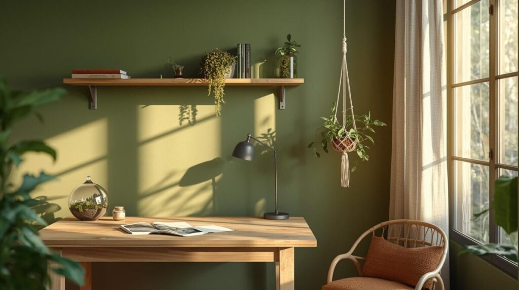 Terrários no escritório em casa: biofilia para trabalhar melhor 2 Terrário geométrico suspenso com echeveria e musgo em escrivaninha home office biofílico. Prateleira lithops vertical, ventilação natural janelas abertas. Design maximalista verde para +15% produtividade.