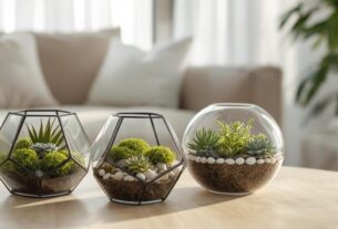 Terrários modernos de vidro com musgo, suculentas e fittonia sobre mesa de madeira clara em sala minimalista iluminada por luz natural.