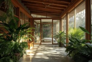 Corredor interno de casa tropical com plantas naturais, aberturas laterais e iluminação natural filtrada, demonstrando ventilação passiva e conforto ambiental.