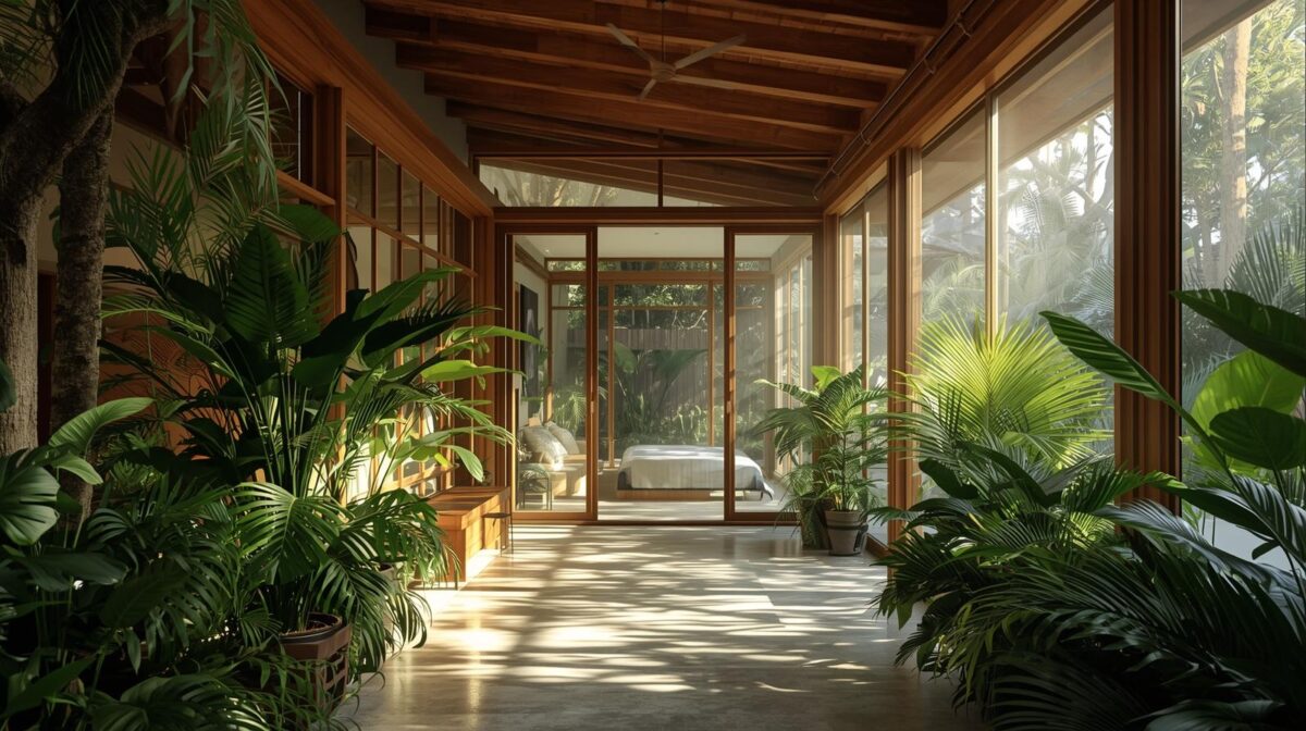 Corredor interno de casa tropical com plantas naturais, aberturas laterais e iluminação natural filtrada, demonstrando ventilação passiva e conforto ambiental.