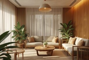 Sala de estar brasileira com automação doméstica integrada, iluminação inteligente e elementos naturais.