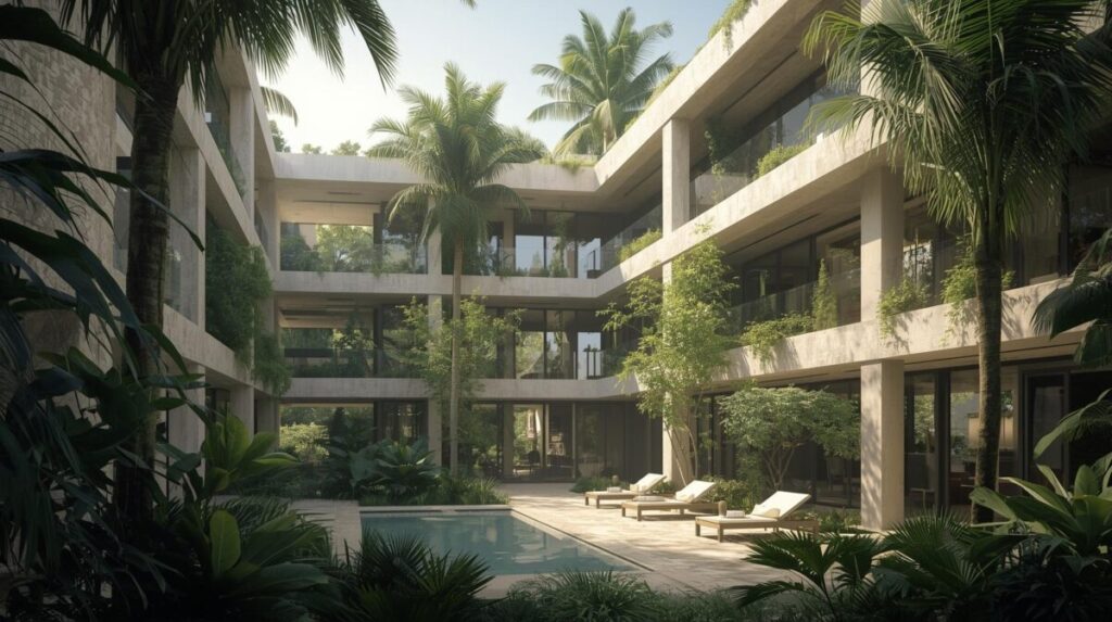 Casa com arquitetura adaptada ao clima, integrando ventilação natural, luz e vegetação em todos os lugares